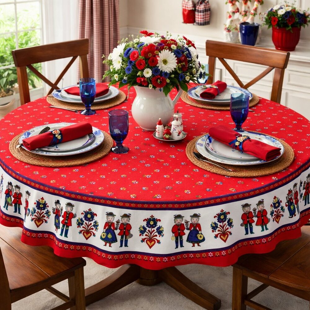 Vintage KOLF 4 Ft Austrian Folk Round Tablecloth Cloth Flowers Red 100% Cotton